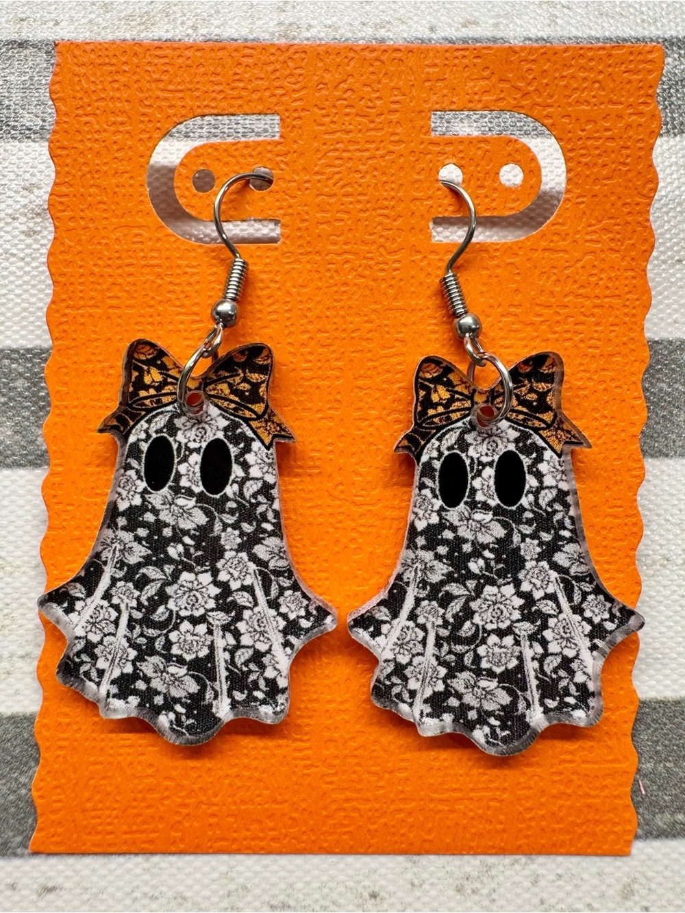 New Halloween Ghost w/ Rose Print & Orange Bow Acrylic Dangle Earrings - 2.25”